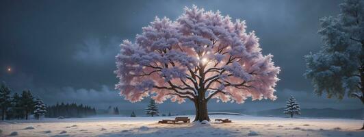 mooi boom in winter landschap in laat avond in sneeuwval. ai gegenereerd foto