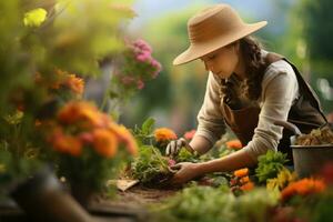 vrouw werken in tuin, bijeenkomst bloemen. generatief ai foto