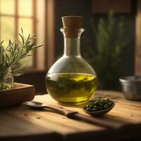 foto olijven en olijf- olie in fles detailopname met olijf- Afdeling door ai gegenereerd