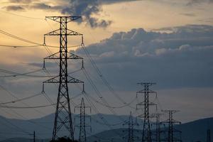 elektriciteitsleidingen bij zonsondergang foto