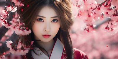 fotorealistisch beeld van een mooi Japans meisje tussen kers bloeit. schoonheidsmiddelen reclame. ai gegenereerd foto