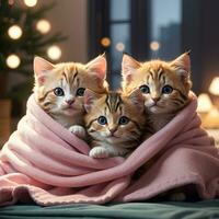 een groep van aanbiddelijk kittens geknuffeld omhoog samen in een knus deken fort kunst door ai generatief foto