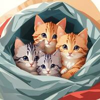 een groep van aanbiddelijk kittens geknuffeld omhoog samen in een knus deken fort illustratie kunst door ai generatief foto