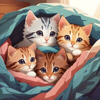 een groep van aanbiddelijk kittens geknuffeld omhoog samen in een knus deken fort illustratie kunst door ai generatief foto