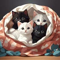 een groep van aanbiddelijk kittens geknuffeld omhoog samen in een knus deken fort illustratie kunst door ai generatief foto