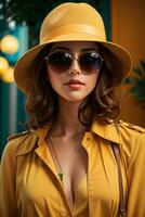 vrouw in modern kleren met zonnebril door ai generatief foto
