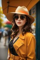 vrouw in modern kleren met zonnebril door ai generatief foto