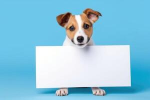 hond Holding een blanco teken bord Aan een blauw achtergrond ai generatief foto