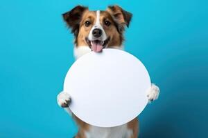 hond Holding ronde een blanco teken Aan een blauw achtergrond ai generatief foto