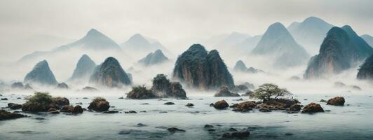 Chinese inkt en water landschap schilderen. ai gegenereerd foto