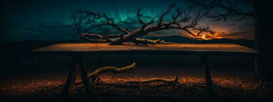 oud hout tafel en silhouet dood boom Bij nacht voor halloween achtergrond.. ai gegenereerd foto