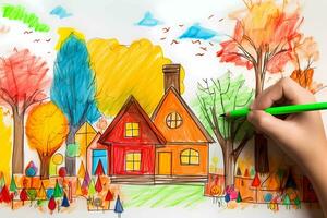 handen tekening familie en huis met gekleurd potloden. creatief werkzaamheid voor kinderen. kind tekening. foto