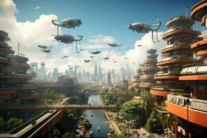 3d renderen van een futuristische stad met vliegend schotels, creëren een futuristische stadsgezicht van asunctie, waar drones en vliegend auto's naadloos navigeren de luchten bovenstaand bouwkundig wonderen, ai gegenereerd foto