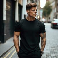 Mens in zwart t-shirt mockup poseren in de straat foto