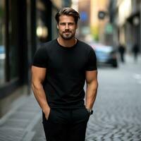 Mens in zwart t-shirt mockup poseren in de straat foto