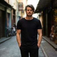 Mens in zwart t-shirt mockup poseren in de straat foto