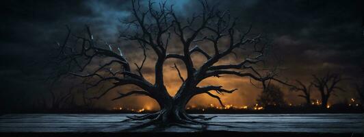 oud hout tafel en silhouet dood boom Bij nacht voor halloween achtergrond.. ai gegenereerd foto