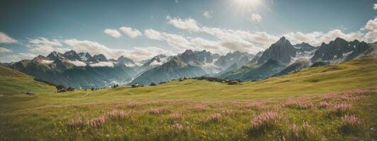 idyllisch berg landschap in de Alpen met bloeiend weiden in lente. ai gegenereerd foto