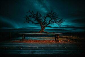 oud hout tafel en silhouet dood boom Bij nacht voor halloween achtergrond.. ai gegenereerd foto