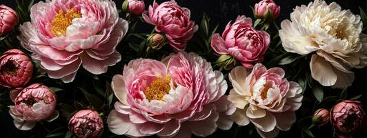 wijnoogst boeket van mooi bloemen Aan zwart. bloemen achtergrond. barok oud mode stijl. natuurlijk patroon behang of groet kaart. ai gegenereerd foto