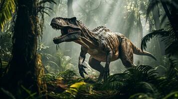foto van tyrannosaurus rex rex in de oerwoud. generatief ai