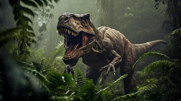 foto van tyrannosaurus rex rex in de oerwoud. generatief ai