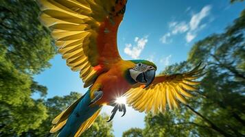 foto van papegaai in ther Woud met blauw lucht. generatief ai