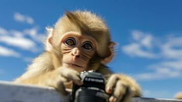 foto van aap in ther Woud met blauw lucht. generatief ai