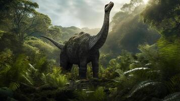 foto van brontosaurus rex in de oerwoud. generatief ai