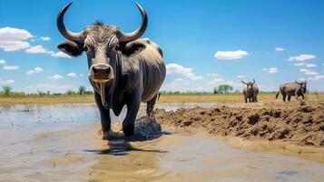 foto van een water buffel in de landbouwgrond. generatief ai
