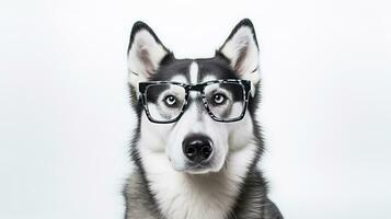 foto van een Siberisch schor hond gebruik makend van bril geïsoleerd Aan wit achtergrond. generatief ai