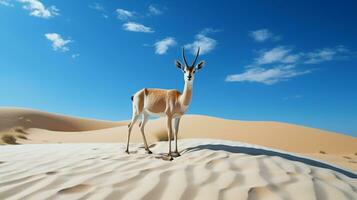 foto van een zand gazelle in een woestijn met blauw lucht. generatief ai
