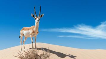 foto van een zand gazelle in een woestijn met blauw lucht. generatief ai