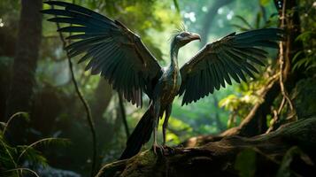 foto van archaeopteryx rex in de oerwoud. generatief ai