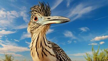 foto van een roadrunner in een woestijn met blauw lucht. generatief ai