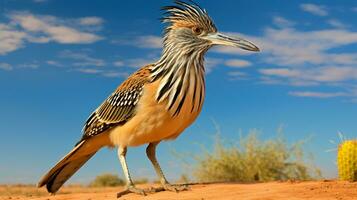 foto van een roadrunner in een woestijn met blauw lucht. generatief ai