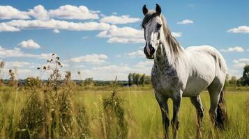 foto van een paard in de landbouwgrond. generatief ai