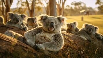 foto van een kudde van koala resting in een Open Oppervlakte Aan de savanne. generatief ai