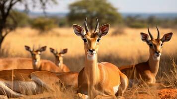 foto van een kudde van Impala resting in een Open Oppervlakte Aan de savanne. generatief ai