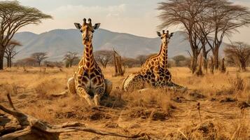 foto van een kudde van giraffe resting in een Open Oppervlakte Aan de savanne. generatief ai