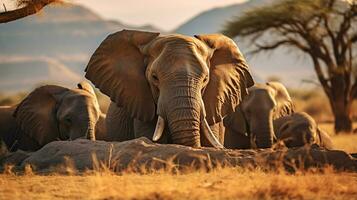 foto van een kudde van olifant resting in een Open Oppervlakte Aan de savanne. generatief ai