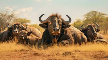 foto van een kudde van bizon resting in een Open Oppervlakte Aan de savanne. generatief ai