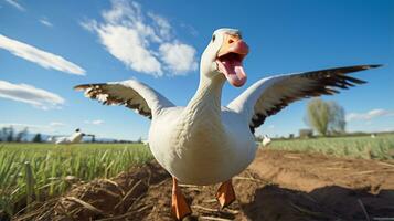 foto van een gans in de landbouwgrond. generatief ai