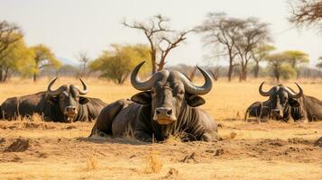 foto van een kudde van Afrikaanse buffel resting in een Open Oppervlakte Aan de savanne. generatief ai