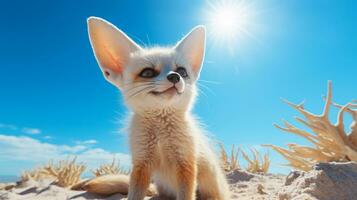 foto van een fennec vos in een woestijn met blauw lucht. generatief ai