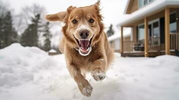 foto van een hond spelen in de sneeuw in voorkant van de huis. generatief ai