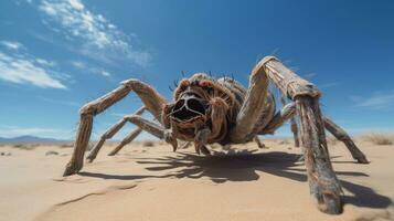 foto van een woestijn tarantula in een woestijn met blauw lucht. generatief ai