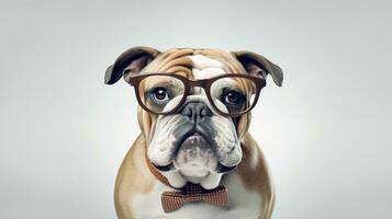 foto van een bulldog hond gebruik makend van bril geïsoleerd Aan wit achtergrond. generatief ai
