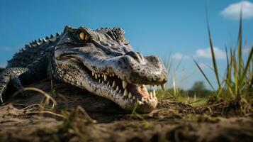 foto van een alligator onder blauw lucht. generatief ai