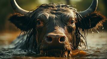 detailopname foto van een water buffel op zoek ieder richting. generatief ai